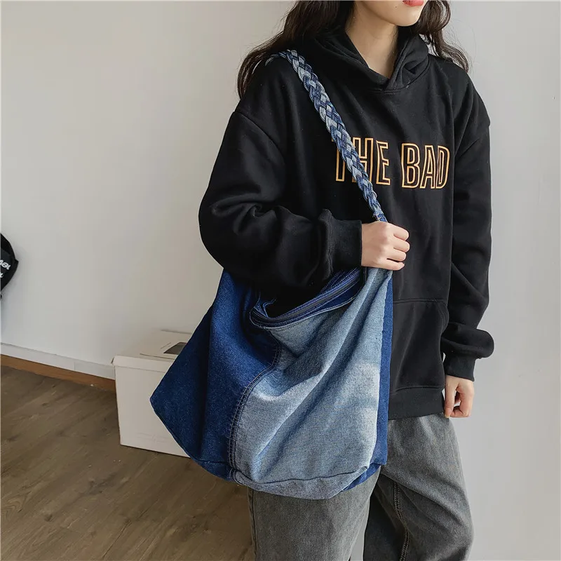 

New Korean Style Colorblock Denim Shoulder Bag Women's Messenger Bag Lazy Style Large Capacity Girl Shoulder Bag Crossbody Bag