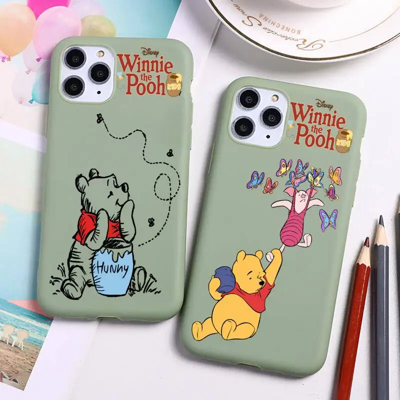 

Disney cute bear Winnie the Pooh Phone Case For iphone 13 12 11 Pro Max Mini XS 8 7 6 6S Plus X SE 2020 XR Candy green Silicone
