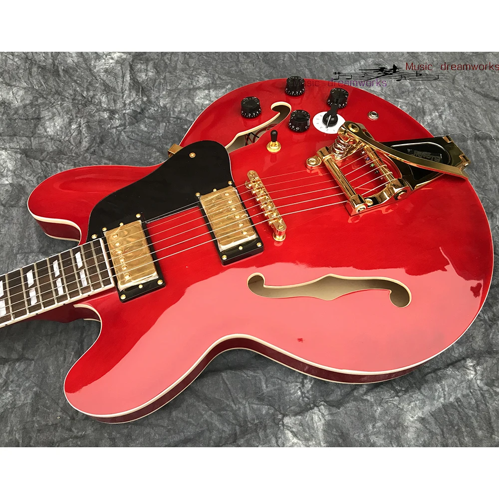 

Semi hollow double F-holes red jazz electric guitar,Bigsby bridge, Five-speed adjustables