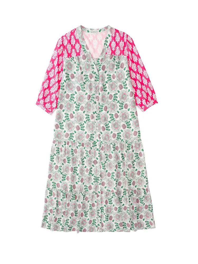 

Женское винтажное платье миди с цветочным принтом, элегантное уличное платье до середины икры с коротким рукавом и V-образным вырезом, одежд...