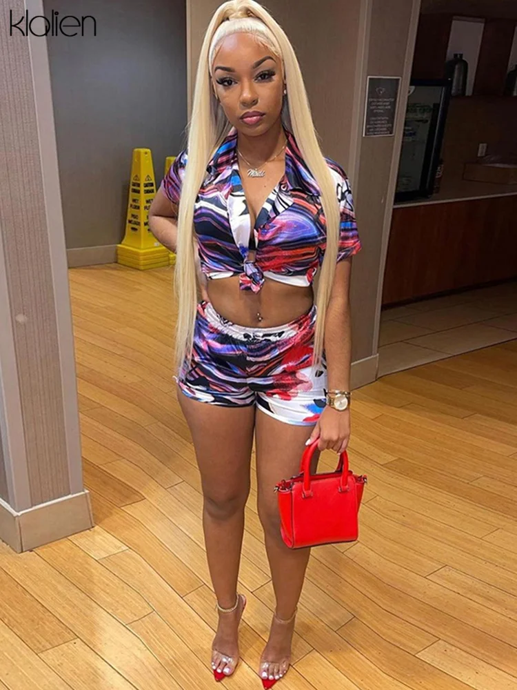 

KLALIEN Multi-Color Print Two Piece Set Casual Short Sleeve Pleat Top+ High Waist Elastic Shorts Activewear Female Tracksuit