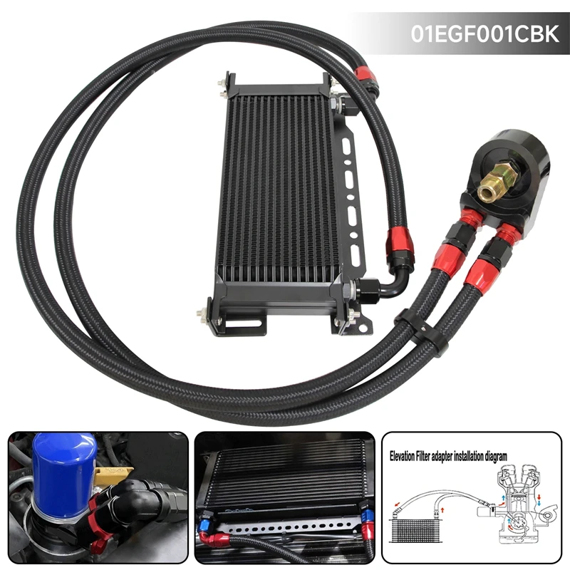 

16 Row 248mm AN10 7/8"-14 UNF Universal Engine Transmission Oil Cooler w/Bracket + Aluminum Filter Adapter Kit Blue/Black
