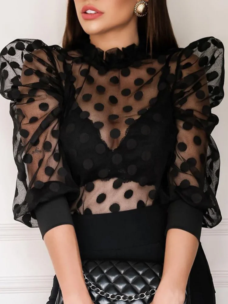 Блузка в горошек с рюшами и пышными рукавами женская элегантная модная вечерние