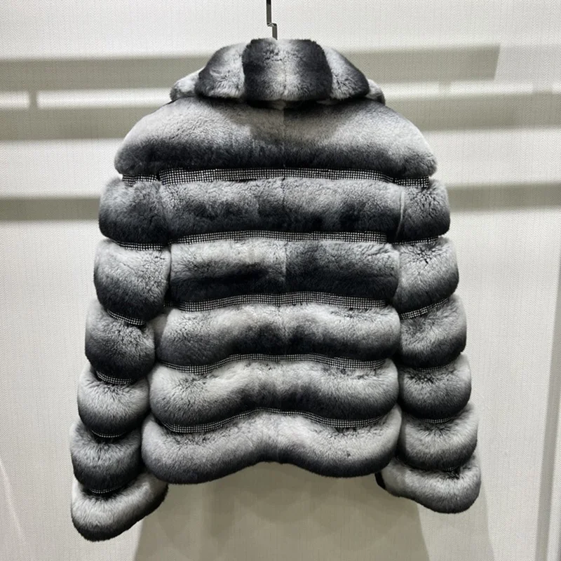 Women Winter Fur Jackets Top Quality Rex Rabbit Coats Rhinestone Lady Turn Down Collar Chinchilla S5386 enlarge