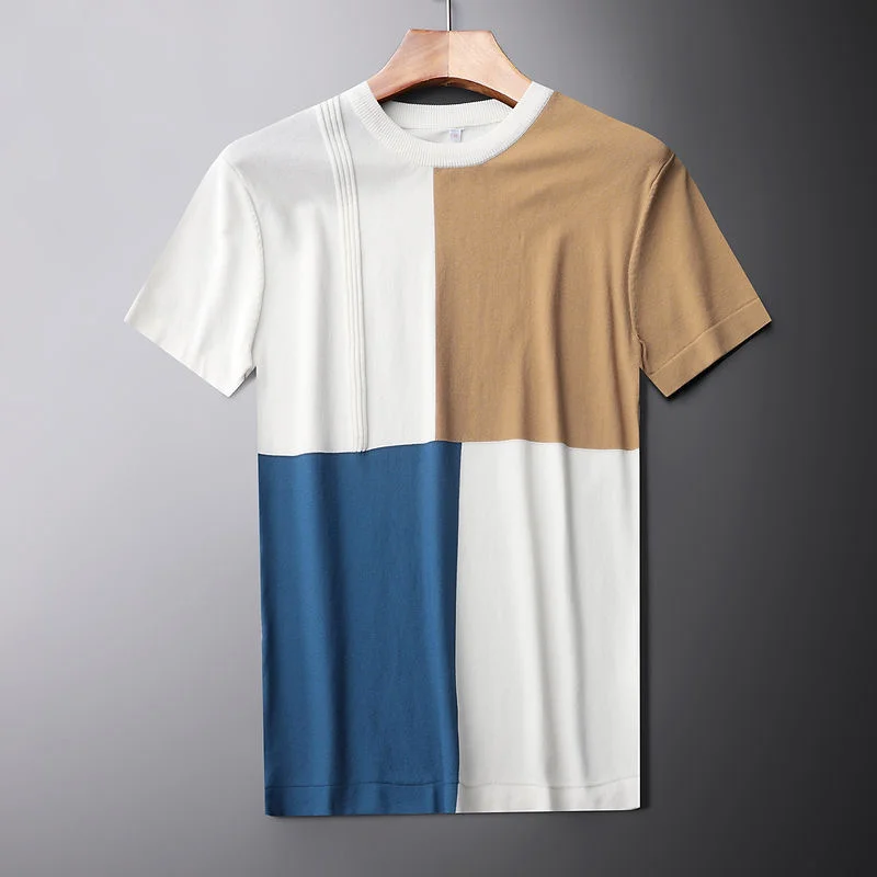 

2023 new trend contrast color short sleeved t-shirt men's summer high-end ice silk knitted half sleeved round neck Casual Luxury