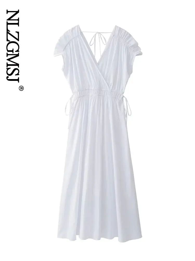 

Nlzgmsj ZBZA 2022 Fashion Summer Women Beach Holiday Dress Sexy V Neck Sleeveless Lace Up White Midi Dresses 202203