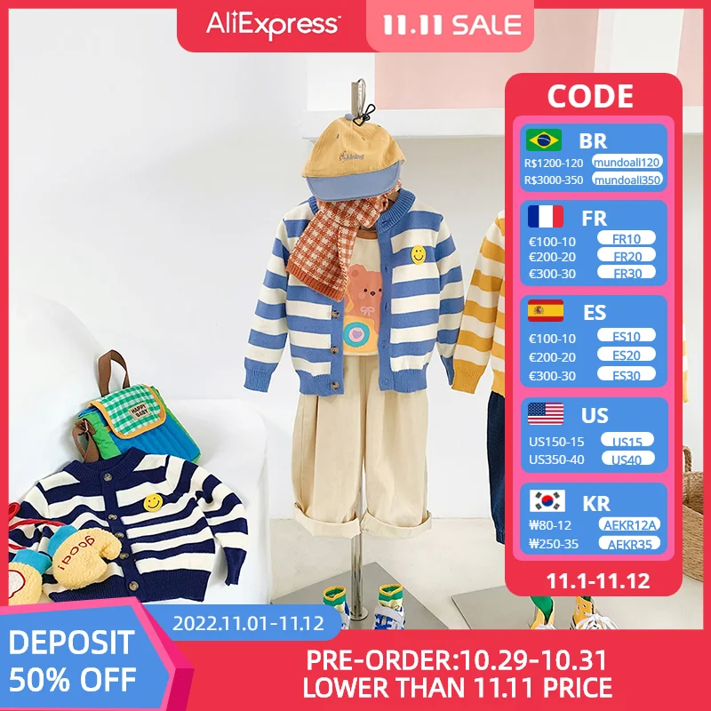 

Girls Boys Knitwear Sweater Toddler Thickened Striped Smiley Coarse Cardigan Korea Autumn Winter Children'S Clothing Knit Tops
