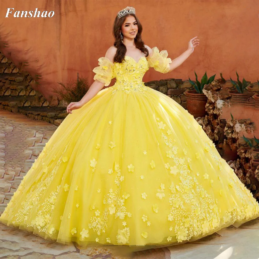 

Fanshao wd960 Sweetheart Quinceanera Dress Beads Flowers Puffy Sleeves Sweep Train Sweet 15 Party Dress Gown robes de soiree