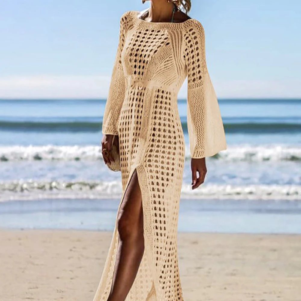 

White Knitted Hollow Swimwear Cover Ups Crochet Dress Beach Outfits for Women One-pieces and Cutout Beachwear Clothes Swimsuit