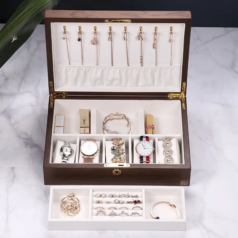 Luxury Wooden Jewelry Display Box Organizer Women Large Ring Necklace Earrings Jewellery Storage Case Gift Casket with Lock |