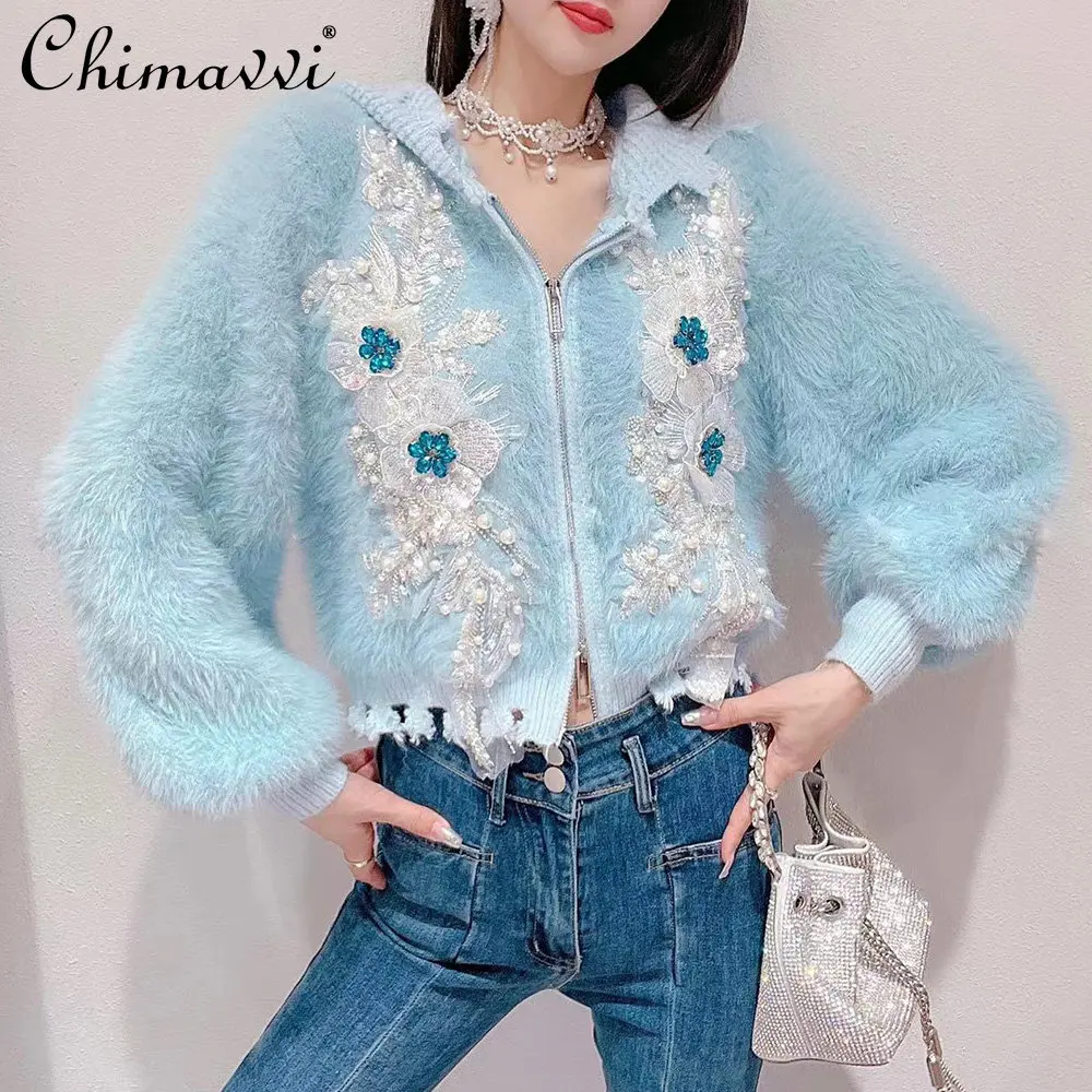 Women Winter New Korean Style Fashion Sweet Sweater Coat Ladies Fairy Elegant Beads Flower Thickened Warm Mink Fur Cardigan Top