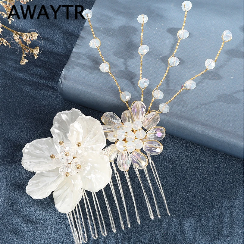

Женская заколка для волос AWAYTR, свадебная тиара из сплава с цветами и жемчугом, свадебный аксессуар для волос