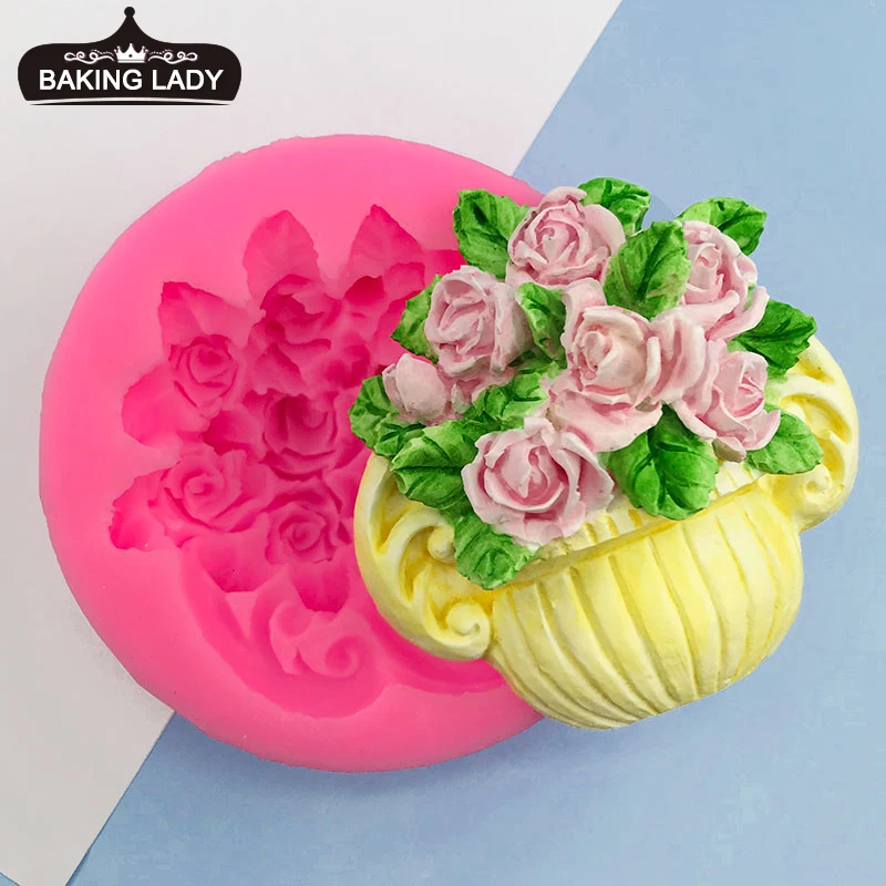 

New 3D Rose flower pot silicone mold DIY cake fondant baking tool homemade handmade soap mold