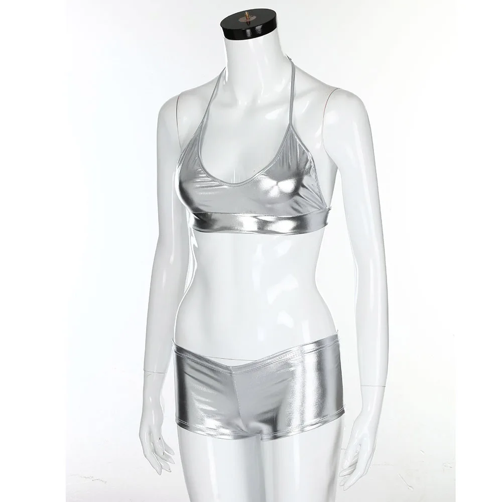 Женский сексуальный комплект бикини из лакированной кожи боксеры купальник