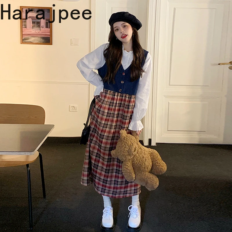 

Harajpee Plaid Dress Single Breasted Korean Chic Retro Spring Autumn New Vest Skirt V-neck Loose Commute Fungus Shirt Suits