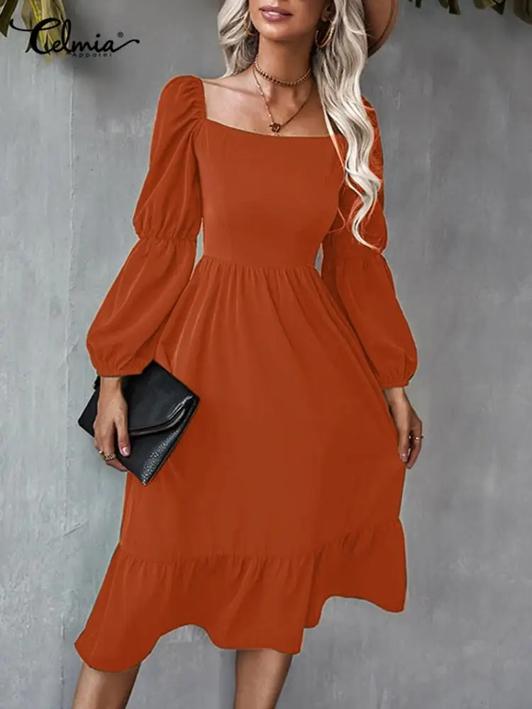

Celmia Square Collar Fashion Vestidos Casual Holiday Waisted Elegant Lady Robe Long Puff Sleeve Stitching Ruffled Hem Midi Dress