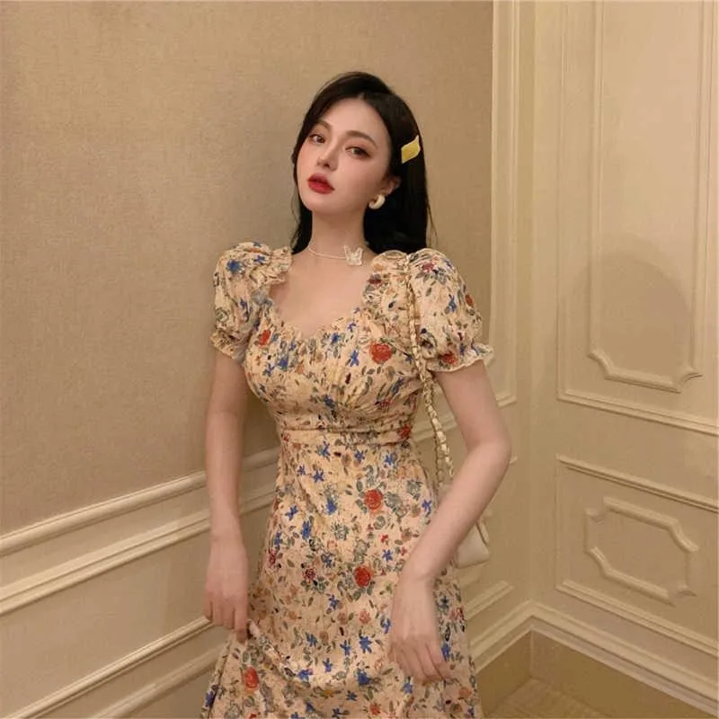 

Vintage Korean Oil-Painting Deep Ruffles V Neck Sexy Long Floral Dress Women Slim Waist Puff Sleeve Midi Dresses Summer 2022 New