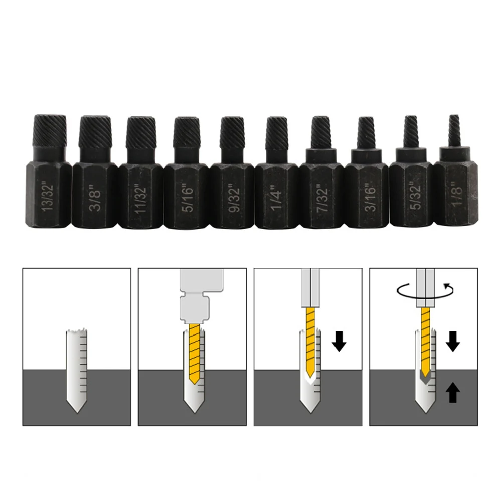 

Stripped Remover Screw Set Slip Extractor And Stud Disassemble Furniture Repairing Drill Bolt Bit 10pc Extractor Demolish Teeth
