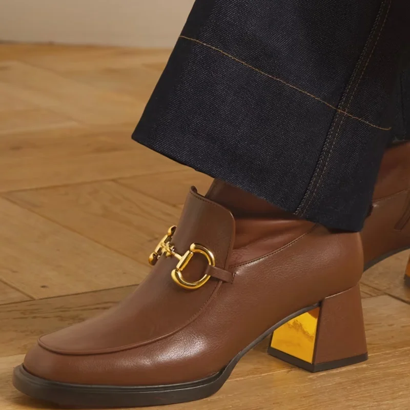 European pop genuine leather ankle boots for women sexy lady square toe high heels riding boots autumn winter boots heels pumps