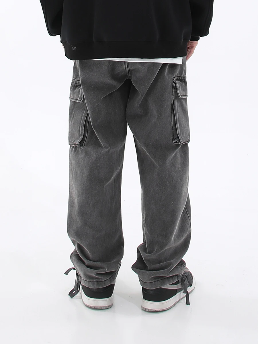 Four Seasons Men's Workwear Jeans Elastic Waist American High Street Grey Retro Wide Leg Pants Fashion Streetwear Ins Hot Sale