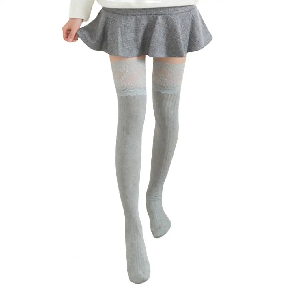 

1 Pair Women Stockings Comfortable Lace Edge High Elasticity Over The Knee Anti-shrink Solid Color Flower Embroidery Long Socks