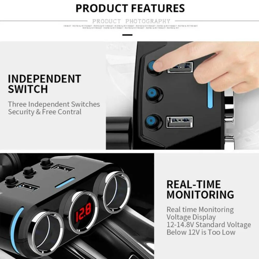 

Cigar Lighter Socket USB Charger 120W 3 Way Adapter Black DC 12 To 24V
