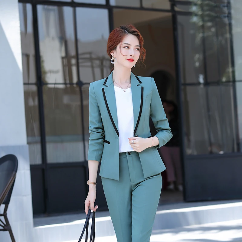 2022 New Black Green 2 Piece Set High Quality Women Pant Suit Fashion Formal Lady Office Work Wear Business Blazer With Trousers