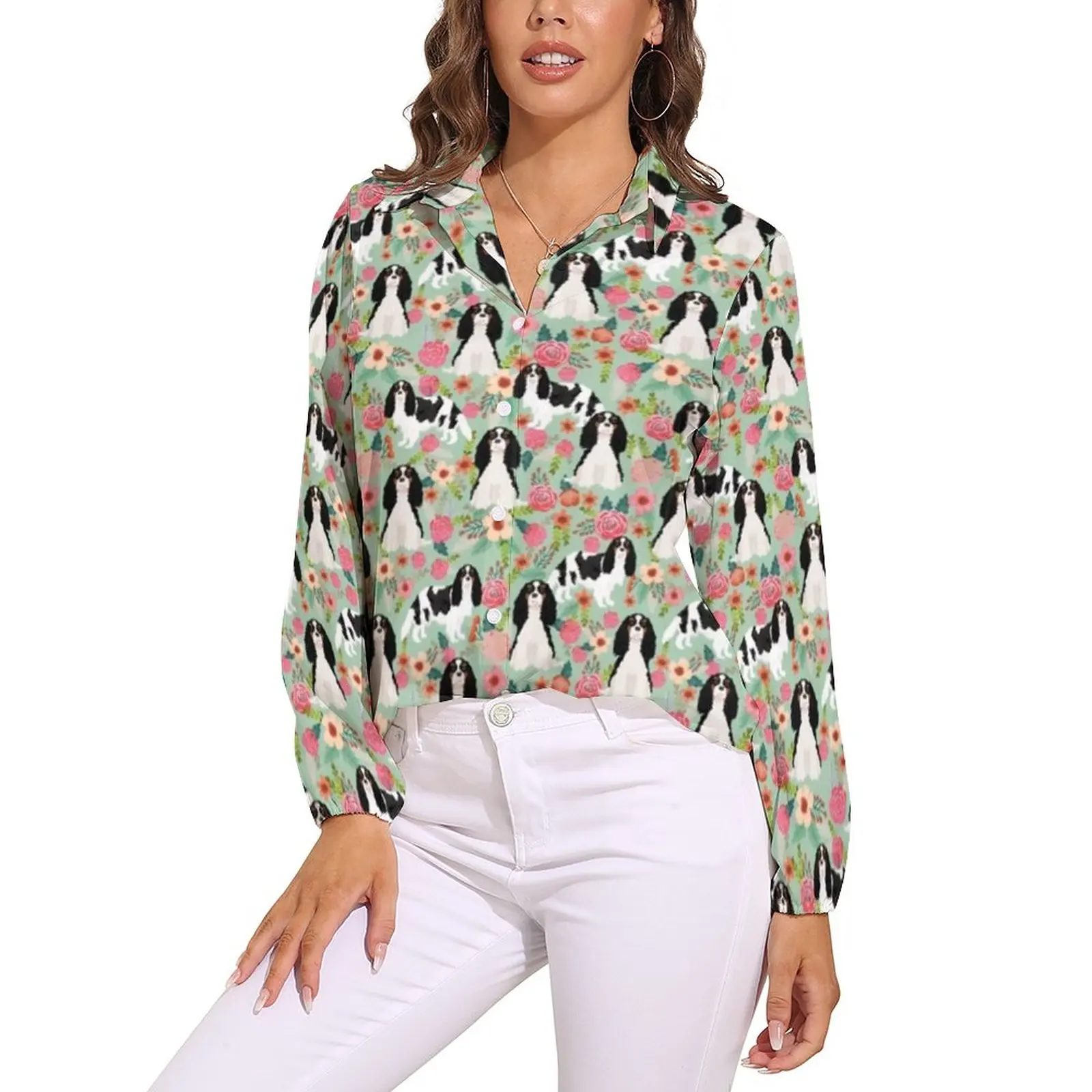 

Dog Blouse Cavalier Pullover Office Sweet Shirt Women Streetwear Top Shirts