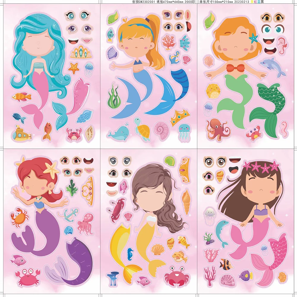 6/12Sheets Disney Mermaid Cross-Dressing Puzzle Stickers DIY Phone Laptop Luggage Skateboard Graffiti Decals Fun for Kid Gift
