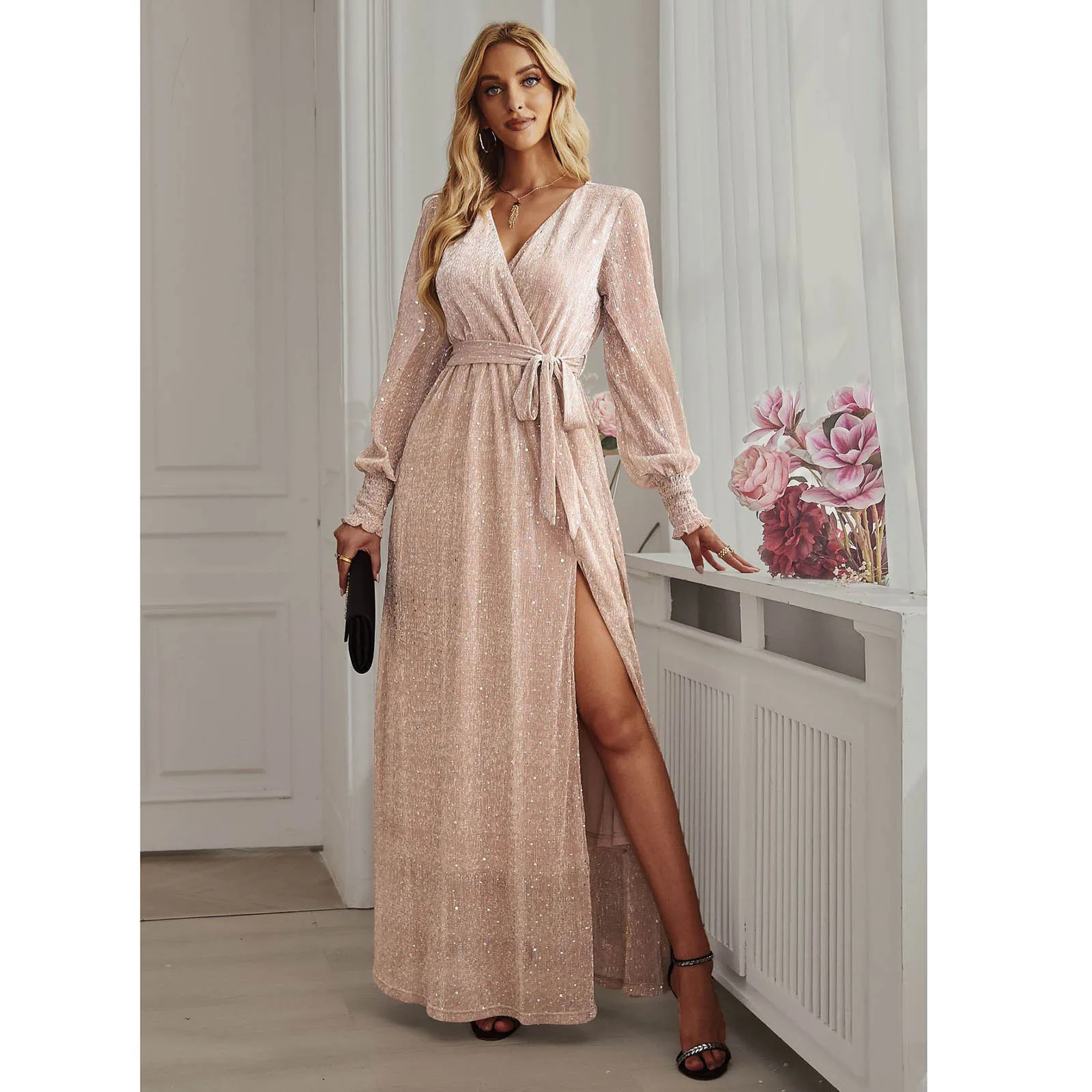 

Платье-Макси женское с запахом, V-образным вырезом и поясом