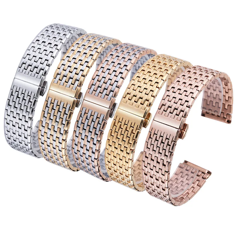 18MM 20MM 22MM Stainless Steel Universal All steel solid strap 316L steel nine bead Of Rice Silver Gold Watch Band Bracelet