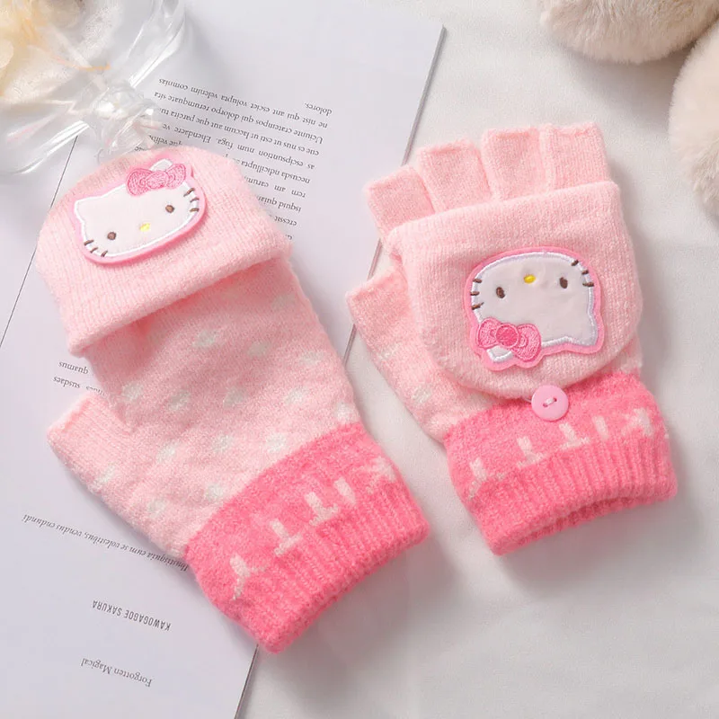 

Kawaii Sanrioed Children's Plush Gloves Cartoon Cute Kitty Pink Girl's Heart Knitted Warm Plush Gloves Gift for Kids