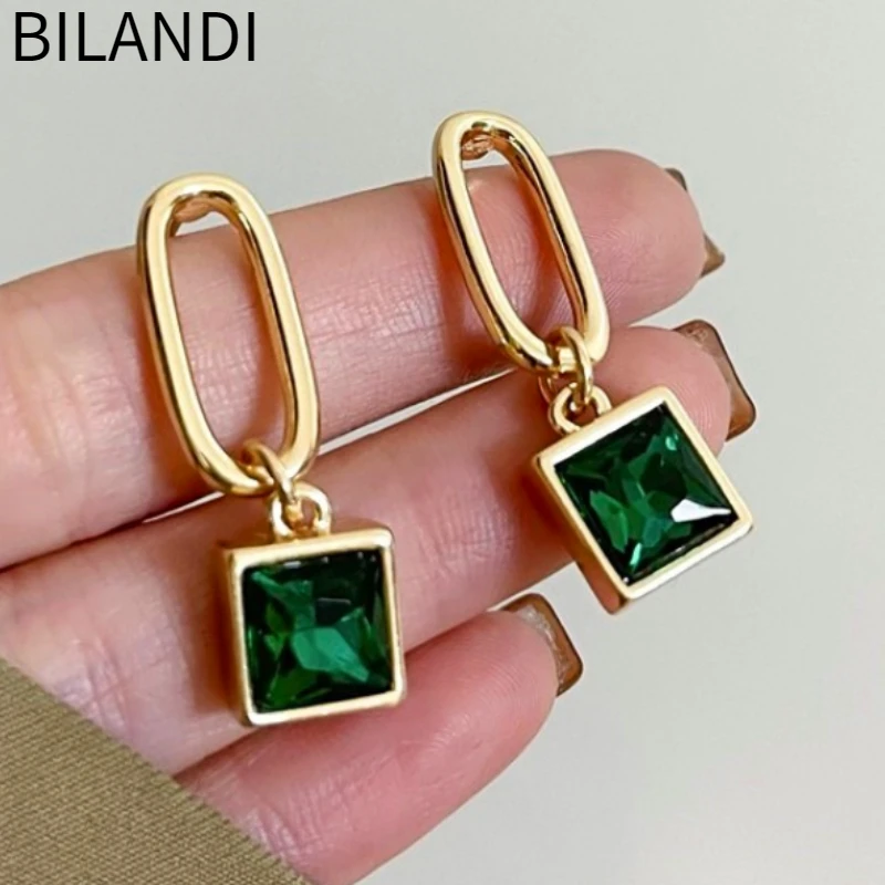 

Bilandi Modern Jewelry 925 Silver Needle Green Glass Earrings Vintage Temperament Metal Oval Dangle Drop Earrings For Women Gift