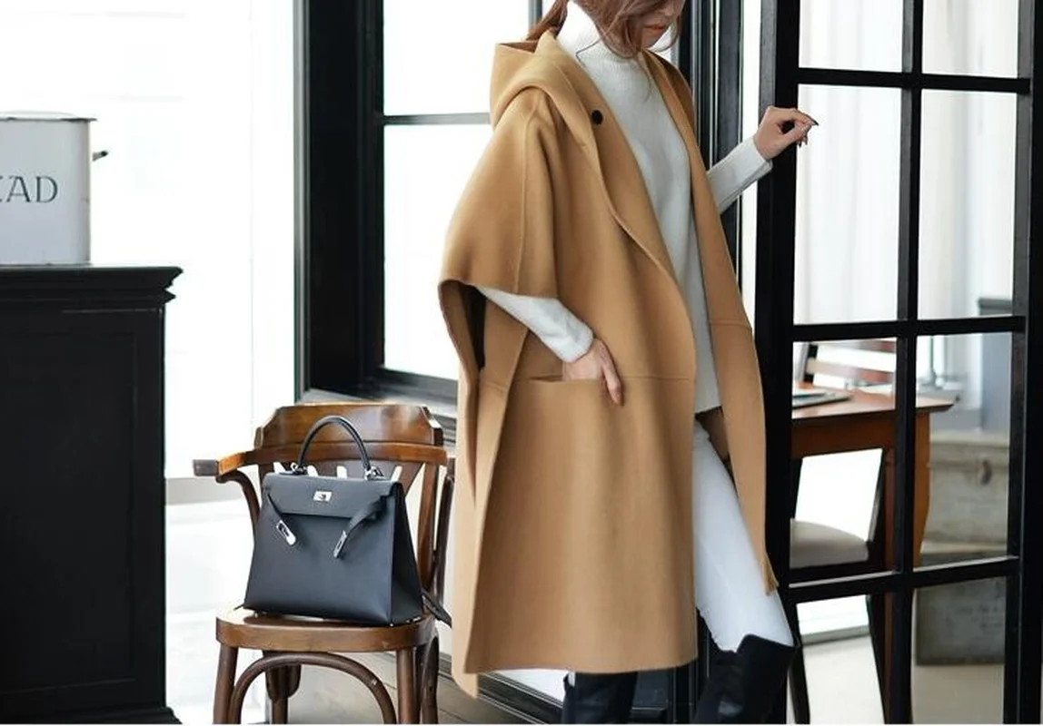 

Women Coats Woolen Top British Short Sleeve Style Mid-length Solid Streetwear Hooded Jacket Female Wool Coat