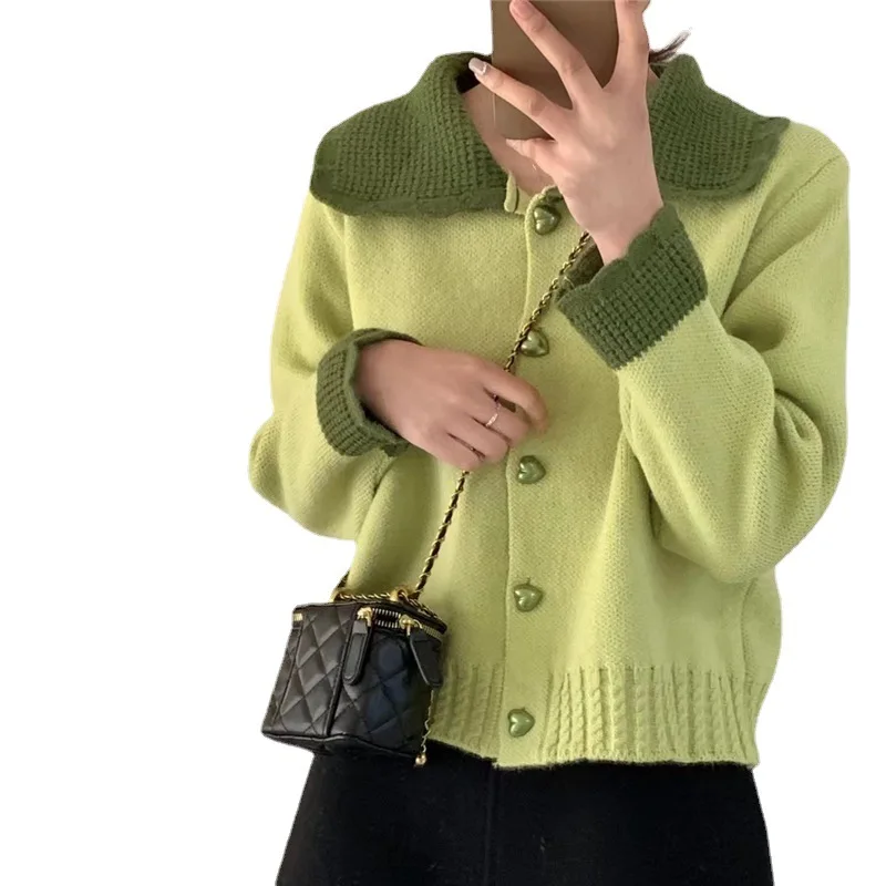 

College Style short sweater coat women's early spring 2022 New color contrast Knitted Cardigan Doll collar single-breasted sweet