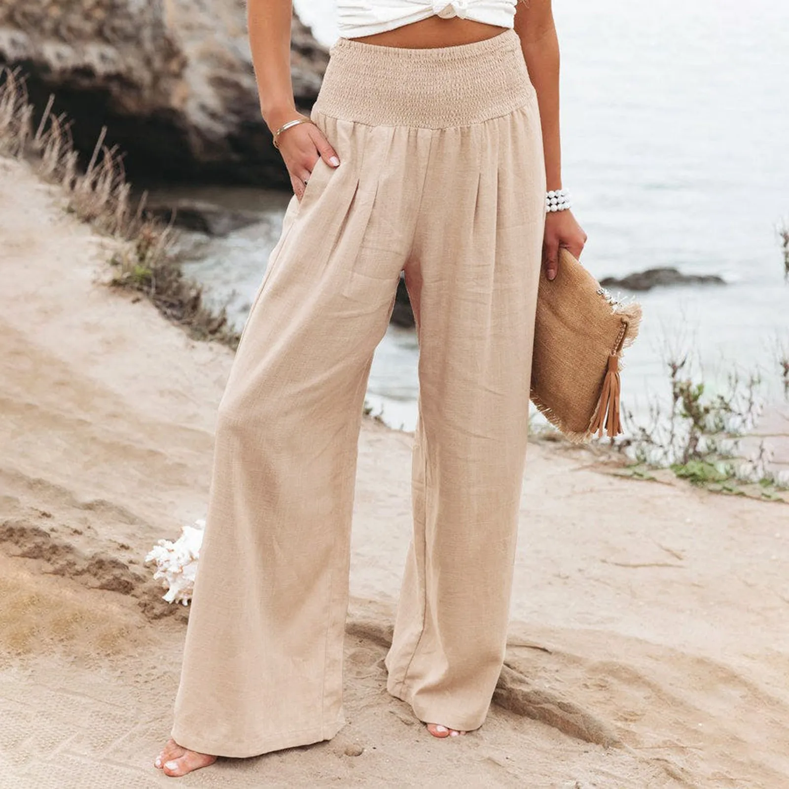 

Summer Korea Fashion Women Pants Plus Size High Waist Cotton Linen Wide Leg Pants all-matched Casual Straight Smocked Trousers