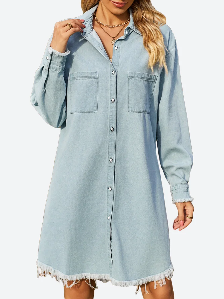 

Benuynffy Women Denim Shirt Dresses Spring Fall Casual Long Sleeve Button Down Frayed Washed Distressed Jean Dress with Pockets