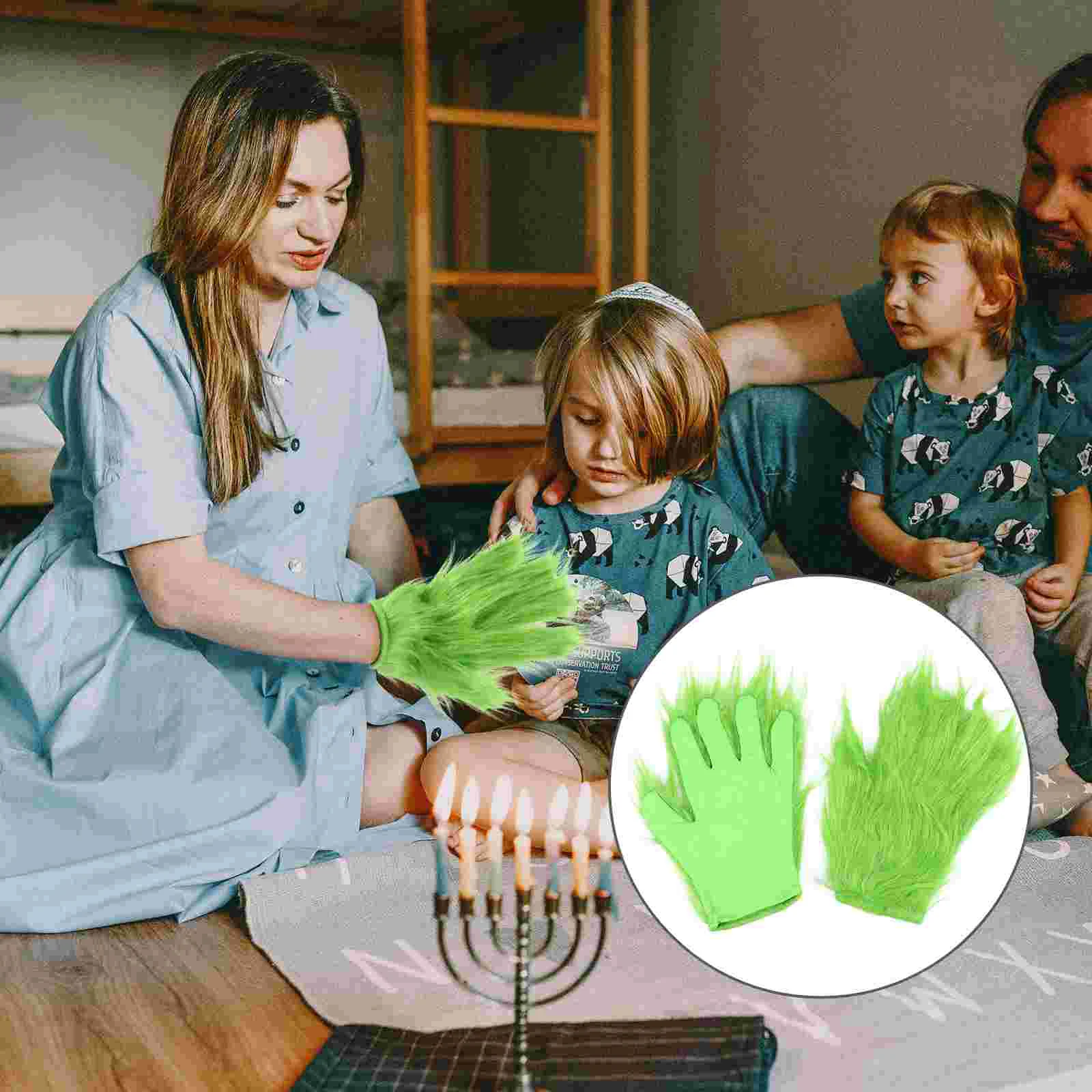 

Green Fur Monster Gloves Props Ball Party Mens Halloween Costumes Adult Haired Cloth Cosplay