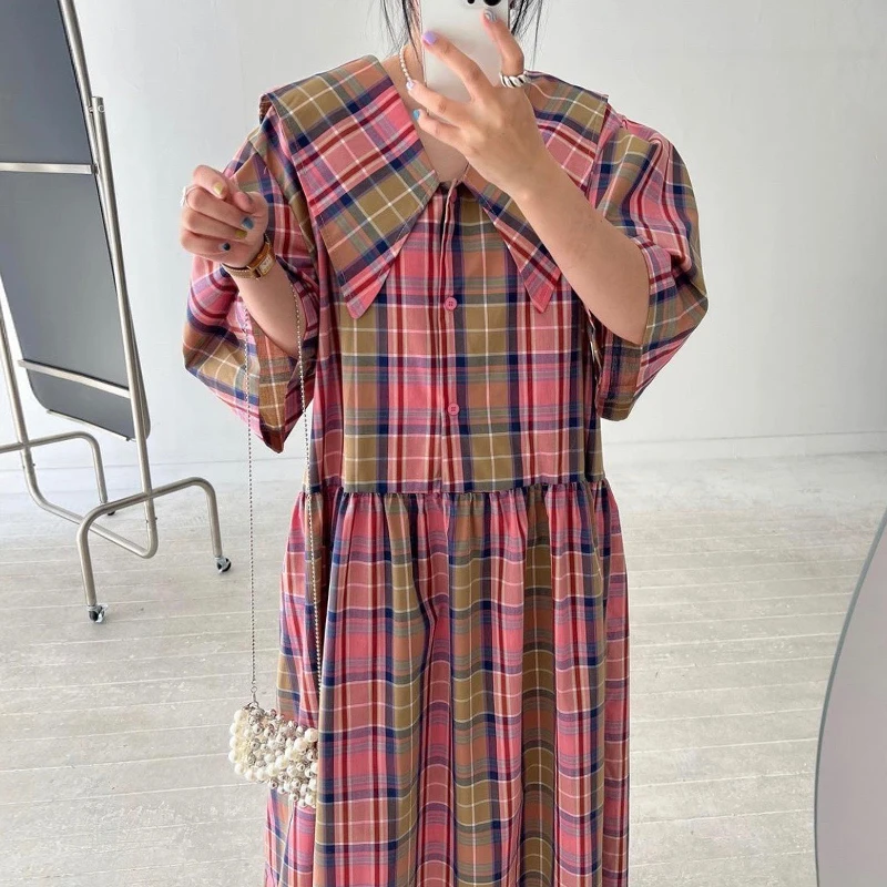 

SuperAen 2022 Summer Peter Pan Collar Loose Single-breasted Contrast Puff Sleeve A-LINE Plaid Dresses for Women