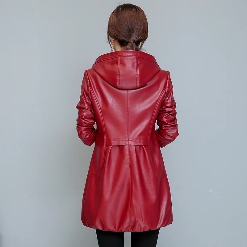 Women's Walker Mid-Length Leather Coat Office Casual Faux Leather Blazer Jackets Loose Suit Fit with Hood