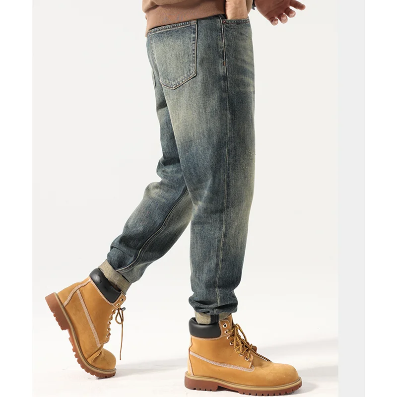 Streetwear Men New Pattern Recreational Vintage Nostalgia Blue Jeans Straight Cylinder Loose Versatile Haren Pants Autumn Female