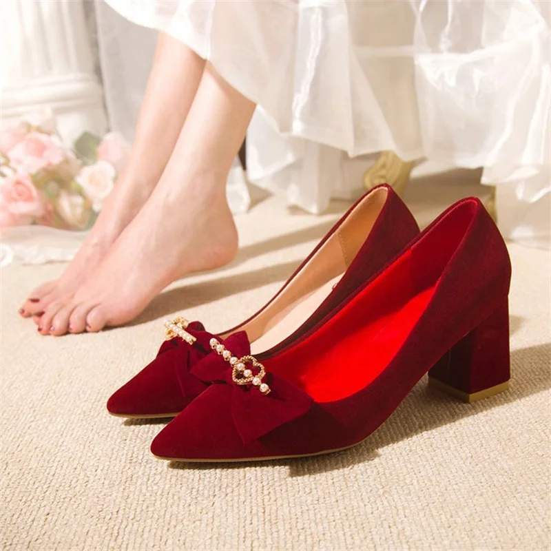 

Women Wedding Shoes Solid Pointed-toe Womans Pumps Fashion Female High Heels Flock Red Ladies Party Heeled Shoes New Bridal shoe