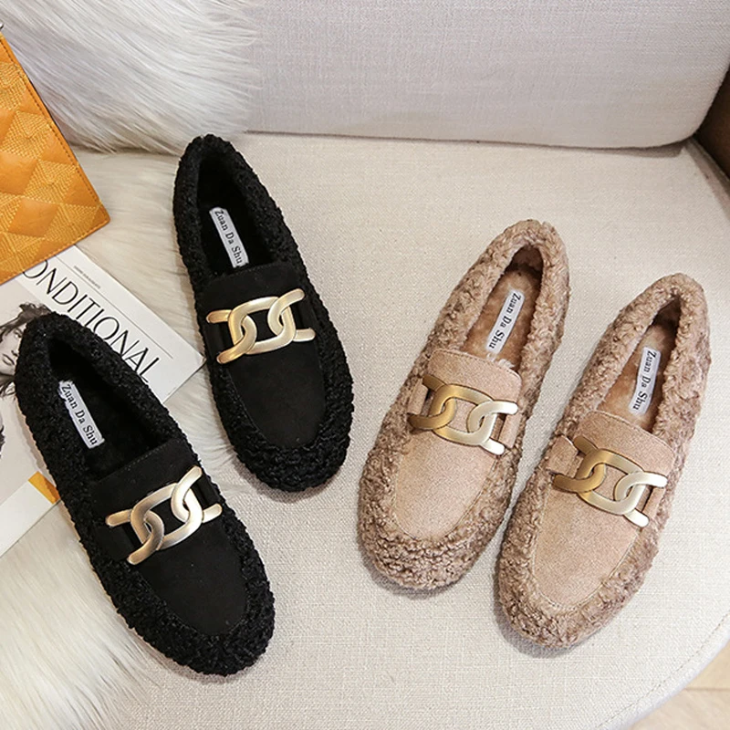 Women Lambswool Plush Cotton Fur Flats Boots Winter Brand Chain Loafers Femme Comfy Moccasin Pregnant Big Size 41/42 Shoes