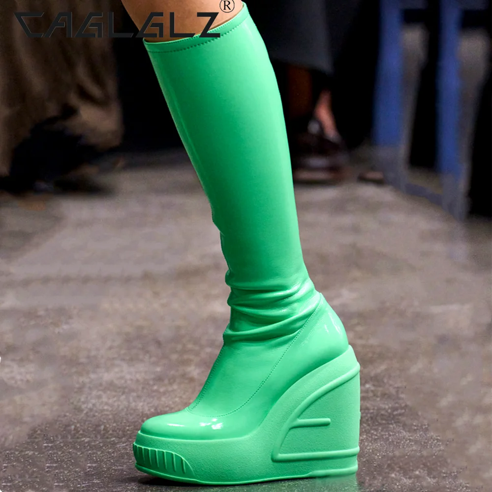 2023 CAGLGLZ Autumn and Winter New Women's Zipper Round Head Fashion Party Lacquer Leather Wedge High Heel Boots 14 inch shoes