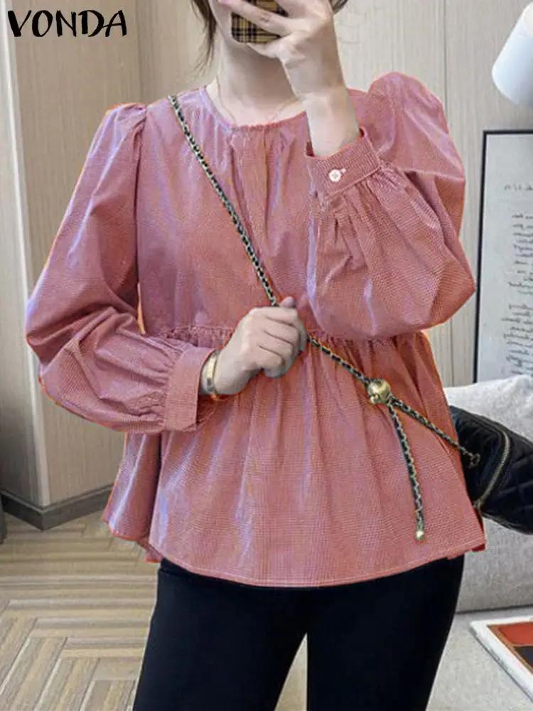 

Summer Tops Tees Women Fashion Blouses 2023 VONDA Plaid Shirts Long Puff Sleeve O-Neck Casual Loose Tunic Tops Oversized Blusas