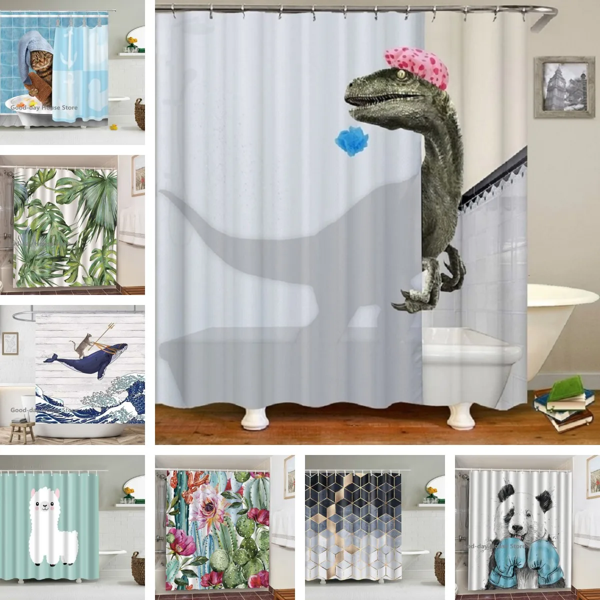 

Cute Dinosaur Funny Shower Bathroom Curtain Waterproof Cat Green Leaves Fabric Pastel Toilet Door Curtains Modern Marble Cortina