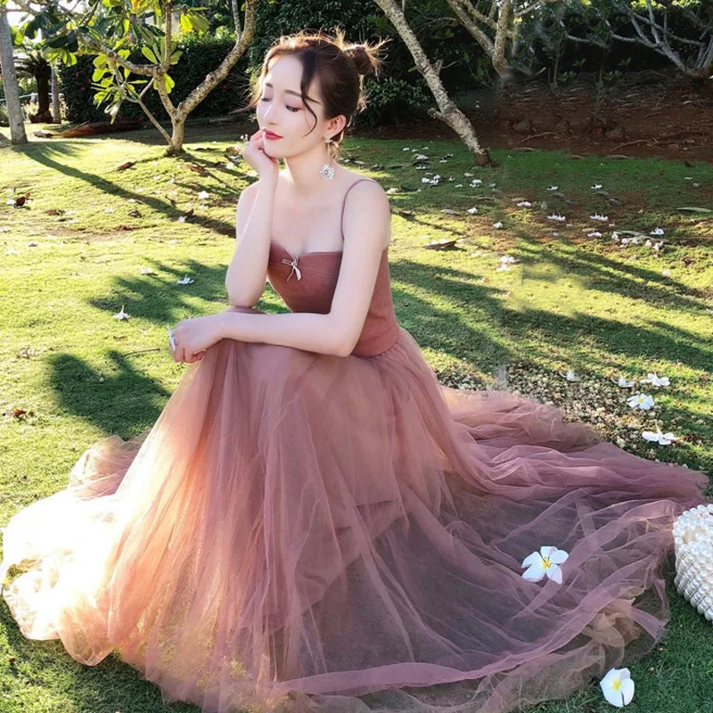 

2021 New Women Gauze Dress Spring Fall Spaghetti Strap High Waist Slim Body Fairy Mid-length Dress Female Solid Color Dresses