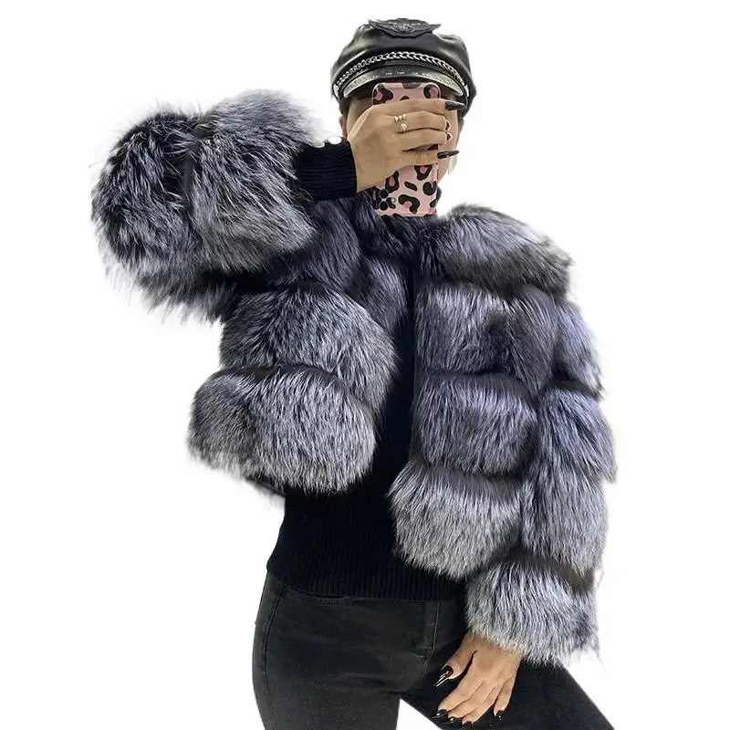 Real Fur Raccoon Winter Warm Coat Women Natural Real Silver Fox Fur Jacket Female Fashion Round Neck Thicken Plus Size Outerwear