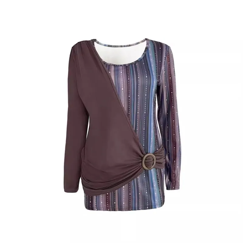 Модная двухслойная тканевая футболка с круглым украшением женские полосатые