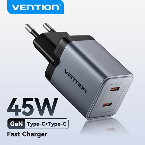 Зарядное устройство Vention 45W GaN PD3.0 QC3.0 с быстрой зарядкой для iPhone 17 16 15, Xiaomi, Samsung, iPad Pro, Type-C, USB-C